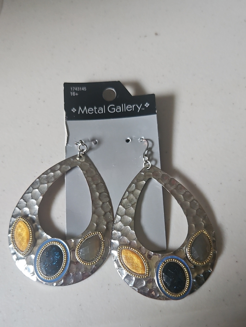 Metal Gallery Large Hammered Look Earrings With Stones